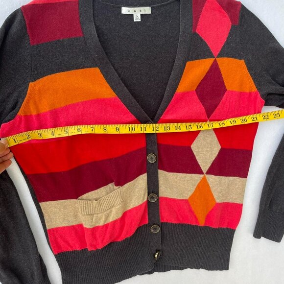 CAbi Colorblock Mod Charcoal Gray Pink Orange Argyle Striped Cardigan Size L - Picture 4 of 6